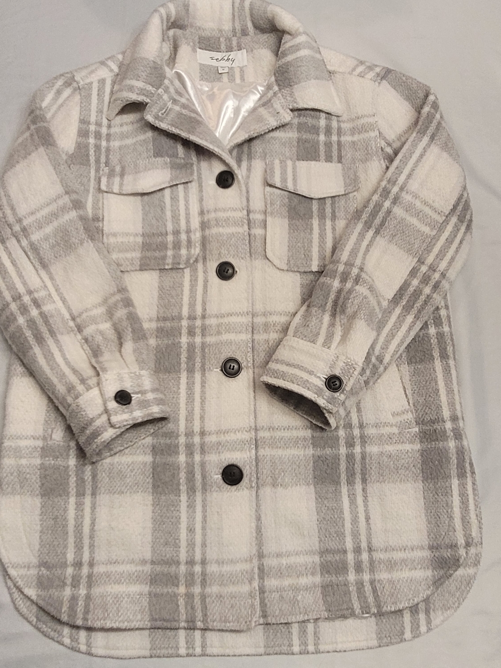 Sebby Plaid Shacket Jacket Medium Beige Gray Lined Cozy Fall